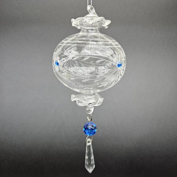 Hand Blown Glass Ornament Etched Floral Design Crystal Accents Hanging Decor - Picture 1 of 7